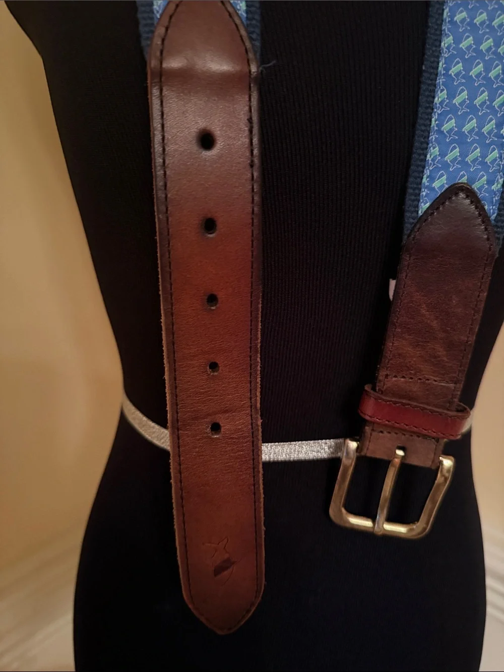 Fish Hippie Blue Patterned Canvas & Brown Leather Men's‎ Belt 36